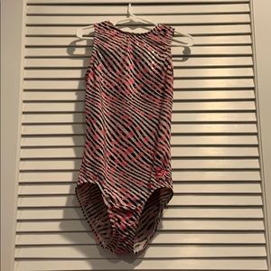 Pink, black, and White GK leotard
